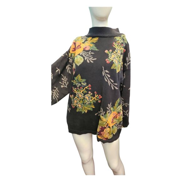 Lands End Vintage Black Floral Sweater Womens Size Medium - Picture 1 of 8